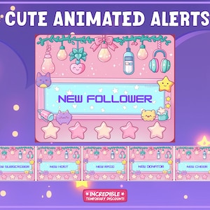 Peut inclure: Un ensemble d'alertes animées pour Twitch ou YouTube avec des personnages de dessins animés mignons et une palette de couleurs rose et bleue. Les alertes incluent "Nouveau Follower", "Nouvel Abonné", "Nouvel Hôte", "Nouveau Raid", "Nouveau Donateur" et "Nouveau Cheer".