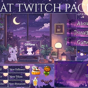 Sovrapposizione Twitch notte spettrale, schermata Twitch / Pacchetto streaming sovrapposizione animata, Twitch gatto / Sovrapposizione Twitch carina / Sovrapposizioni nere / stelle