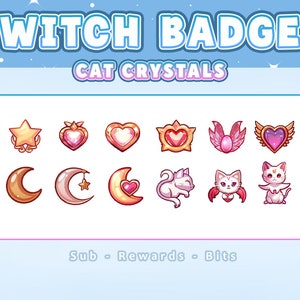 May include: A set of twelve digital Twitch badges titled Cat Crystals, featuring various pink and gold icons including stars, hearts, moons, and stylized cats with wings, arranged in two rows against a light blue background with white text.