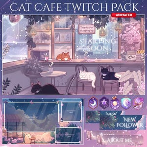Puede incluir: Un paquete de superposición de transmisión de Twitch con un tema de cafetería de gatos. La superposición presenta un esquema de color rosa y morado con una ilustración de dibujos animados de una cafetería de gatos. La superposición incluye una pantalla de inicio pronto, una alerta de nuevo seguidor y una sección sobre mí. La superposición también incluye un área transparente para la cámara web del streamer.