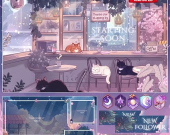 Cat Cafe Stream Package / Moon / Spring / Pastel / Cute / Overlay / Cats / Dreamy / Twitch screen / Twitch Overlay / Celestial | Cafe | Tea