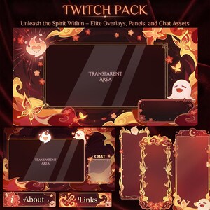 May include: A digital Twitch pack featuring overlays, panels, and chat assets in a red and gold color palette. The design includes flame motifs, butterflies, and a ghost character. Text includes TWITCH PACK, Unleash the Spirit Within, CHAT, About, and Links.