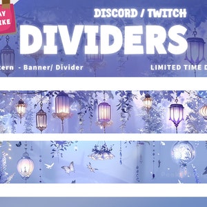 May include: Two purple and white dividers with a design of lanterns hanging from branches with leaves. The text "Discord/Twitch Dividers" is at the top of the image and "Lantern - Banner/Divider" is below the first divider. The text "Limited Time Deal" is below the second divider.