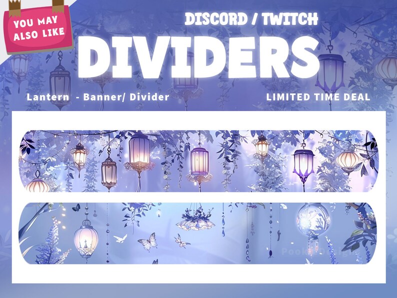 May include: Two purple and white dividers with a design of lanterns hanging from branches with leaves. The text "Discord/Twitch Dividers" is at the top of the image and "Lantern - Banner/Divider" is below the first divider. The text "Limited Time Deal" is below the second divider.