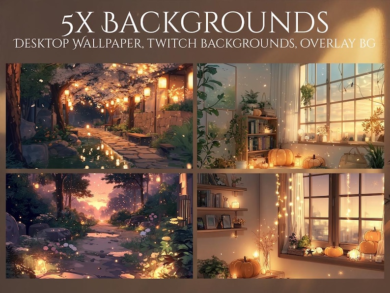 May include: Five digital backgrounds featuring cozy scenes. The top text reads "5X BACKGROUNDS" and "DESKTOP WALLPAPER, TWITCH BACKGROUNDS, OVERLAY BG". The images include a path with lanterns, a room with pumpkins, and a sunset path.