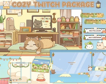 Animated Stream Pack Overlay Lofi Twitch Animated Full Streaming Package Farming Game Duck Cow Cat Cozy Aesthetic Vtubber Bundle Cat