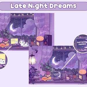 May include: A digital illustration of a room with a window overlooking a night sky with stars and a crescent moon. The room is decorated with plants, string lights, and a cat. The text "stream ending" is visible on a computer screen.