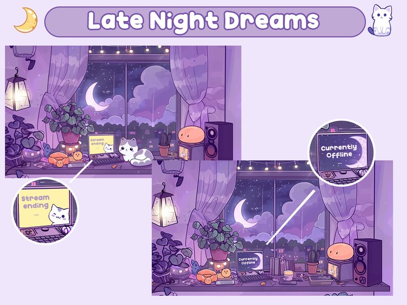 May include: A digital illustration of a room with a window overlooking a night sky with stars and a crescent moon. The room is decorated with plants, string lights, and a cat. The text "stream ending" is visible on a computer screen.