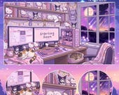 Kawaii Cozy Cat Room Twitch Screens, Pastel Purple Setup, Cute Gaming Desk, Dreamy Night Window, Vtuber Overlay Pack