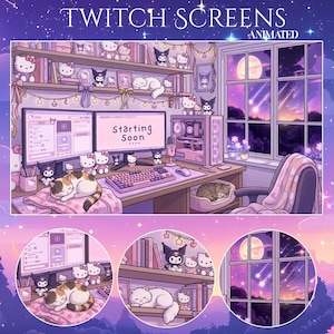 以下が含まれることがあります： パステルカラーの部屋のシーンが描かれた、アニメーションTwitchスクリーン。画像には、「Starting Soon」というテキストがモニターに表示されたコンピューターセットアップがあり、ハローキティやその他の漫画のキャラクターに囲まれています。窓からは、満月と流れ星のある夜空が見えます。