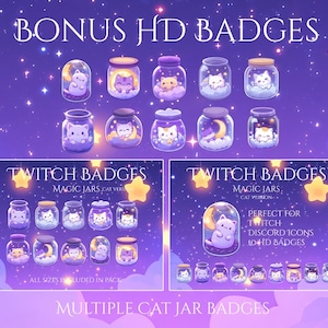 May include: Digital art featuring multiple cat jar badges with a purple and starry background. The text "BONUS HD BADGES" and "TWITCH BADGES" are visible. The badges are designed for Twitch and Discord icons.