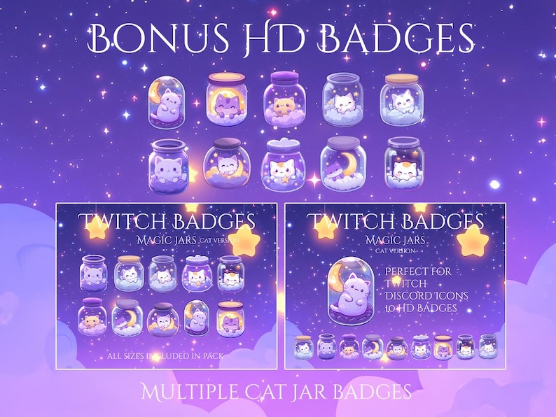 May include: Digital art featuring multiple cat jar badges with a purple and starry background. The text "BONUS HD BADGES" and "TWITCH BADGES" are visible. The badges are designed for Twitch and Discord icons.