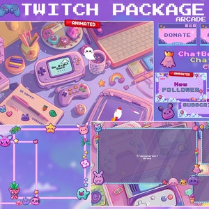 Geanimeerd arcade-twitchpack | Lofi | Paarse trillingsoverlay | Pixel | Gamen | Schattig | Pixelkunst | Gezellige stream-overlay | Twitch-overlay