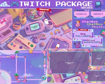 Animated Arcade Twitch Pack | Lofi | Purple twitch overlay | Pixel | Gaming | Cute | Pixel Art | Cozy Stream Overlay | Twitch overlay