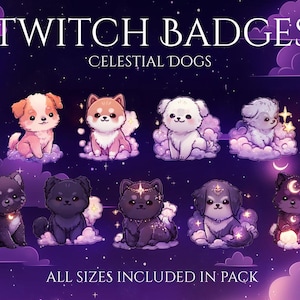 Könnte beinhalten: Digitales Kunstbild mit Twitch-Badges von himmlischen Hunden. Die Badges zeigen verschiedene Cartoon-Hunderassen in einem skurrilen Stil, vor einem Sternenhimmel mit Wolken. Der Text enthält "Twitch Badges" und "Celestial Dogs".