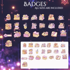 Puede incluir: Conjunto de insignias florales con libros y ramos. Las insignias son en tonos amarillos, rosas y morados, con el texto "BADGES" y "ALL SIZES ARE INCLUDED" en la parte superior.