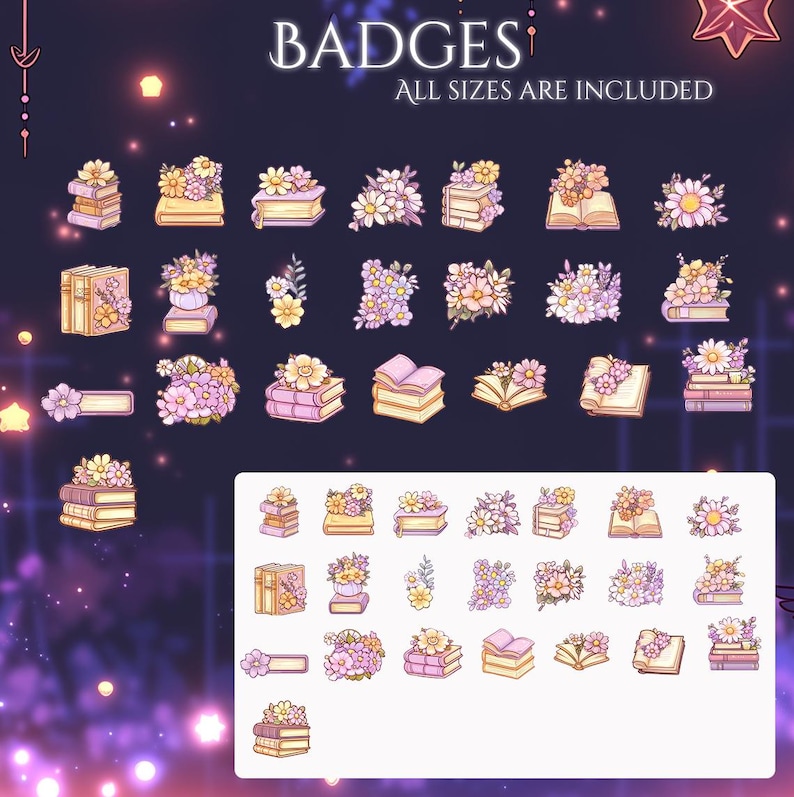 Puede incluir: Conjunto de insignias florales con libros y ramos. Las insignias son en tonos amarillos, rosas y morados, con el texto "BADGES" y "ALL SIZES ARE INCLUDED" en la parte superior.