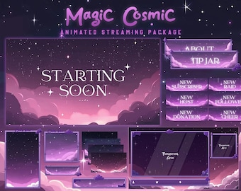 Starry Night Stream Paket für Twitch | Lila | Planeten | Animiertes Twitch Overlay Paket | Sterne | Rosa | Animierte Bildschirme | Benachrichtigungen | Regnerisch