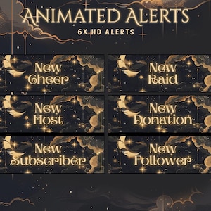 May include: Animated alerts graphic with a dark background and gold accents. The text "ANIMATED ALERTS" and "6X HD ALERTS" are at the top. Six rectangular panels display "New Cheer", "New Raid", "New Host", "New Donation", "New Subscriber", and "New Follower".