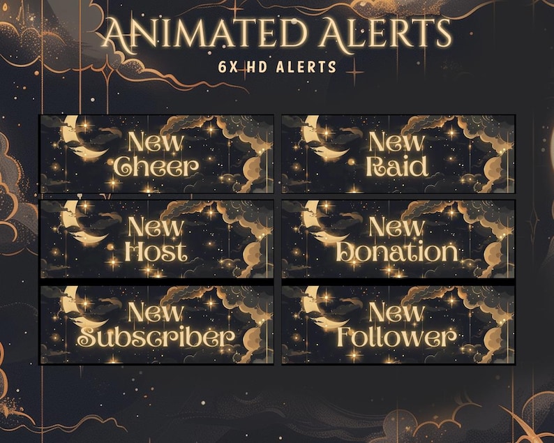 May include: Animated alerts graphic with a dark background and gold accents. The text "ANIMATED ALERTS" and "6X HD ALERTS" are at the top. Six rectangular panels display "New Cheer", "New Raid", "New Host", "New Donation", "New Subscriber", and "New Follower".