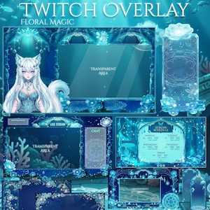 May include: A digital Twitch overlay set titled Floral Magic featuring a blue underwater theme with floral accents. Includes frames for live streams, chat, and schedules, alongside an illustration of a white-haired character with fox ears.