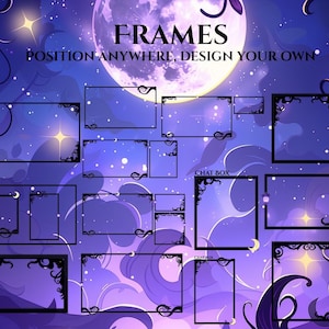 Op de afbeelding: Digitale illustratie met zwarte frames met sierlijke hoeken, tegen een dromerige paarse en blauwe nachthemel met een volle maan en sterren. Tekst luidt "FRAMES POSITION ANYWHERE, DESIGN YOUR OWN".