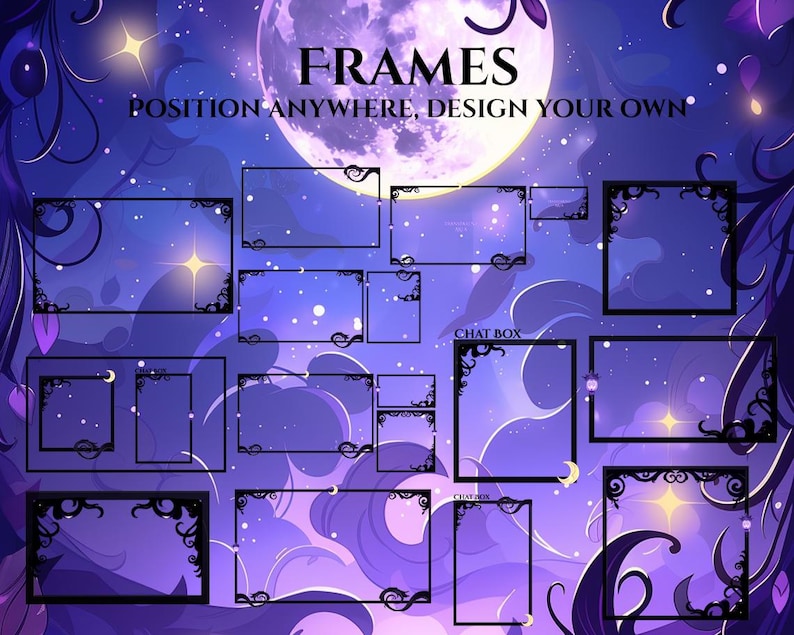 Op de afbeelding: Digitale illustratie met zwarte frames met sierlijke hoeken, tegen een dromerige paarse en blauwe nachthemel met een volle maan en sterren. Tekst luidt "FRAMES POSITION ANYWHERE, DESIGN YOUR OWN".