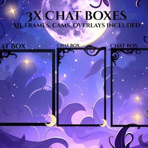 Op de afbeelding: Digitale illustratie met drie chatvakken met sierlijke zwarte frames tegen een sterrenhemel met een volle maan. De tekst "3X CHAT BOXES" en "ALL FRAMES, CAMS, OVERLAYS INCLUDED" is zichtbaar. Elk vak heeft een maan.