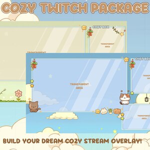 Op de afbeelding: Een digitale illustratie van een "Cozy Twitch Package" met een lichtblauwe en groene achtergrond. Het ontwerp bevat twee stream overlays met transparante gebieden, chatboxen en schattige katachtige karakters. De tekst "Build Your Dream Cozy Stream Overlay!" is ook opgenomen.
