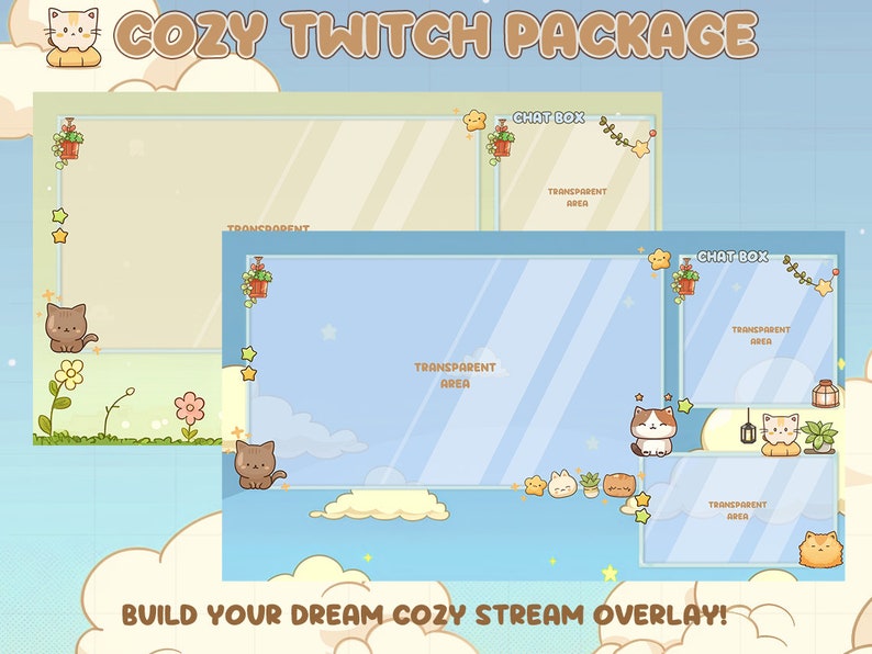 Op de afbeelding: Een digitale illustratie van een "Cozy Twitch Package" met een lichtblauwe en groene achtergrond. Het ontwerp bevat twee stream overlays met transparante gebieden, chatboxen en schattige katachtige karakters. De tekst "Build Your Dream Cozy Stream Overlay!" is ook opgenomen.