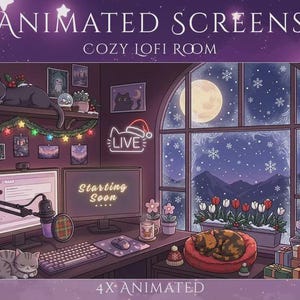 May include: Digital illustration of a cozy room with the text ANIMATED SCREENS COZY LOFI ROOM and 4X ANIMATED. Features include a desk with a computer, microphone, keyboard, mouse, and sleeping cats. A large window shows a snowy night scene with a moon.
