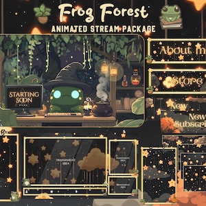 Frosch Hexe Twitch Pack | Mond Magie Zauberer Overlay Niedliche Witchy Pflanzen Animierte Twitch Bildschirme Gemütliche Vtuber Overlays, Schwarzes Paket