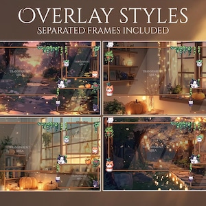 May include: Four digital overlay styles with separated frames, featuring autumnal themes. Each frame includes a transparent area, with decorative elements like pumpkins, hanging plants, and cartoon cat characters. The text "OVERLAY STYLES" and "SEPARATED FRAMES INCLUDED" are at the top.