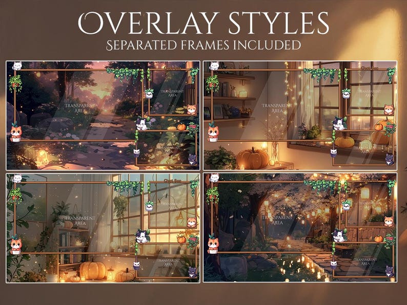 May include: Four digital overlay styles with separated frames, featuring autumnal themes. Each frame includes a transparent area, with decorative elements like pumpkins, hanging plants, and cartoon cat characters. The text "OVERLAY STYLES" and "SEPARATED FRAMES INCLUDED" are at the top.
