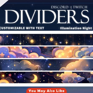 May include: Eight customizable Discord and Twitch dividers featuring a night sky with clouds, stars, and a crescent moon. The text "Illumination Night Pack" is at the top of the image.