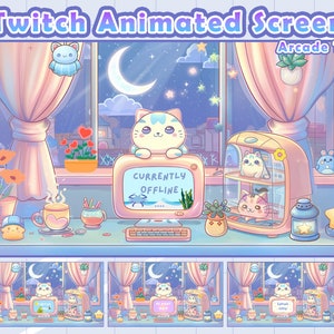 アニメーション猫のTwitchスクリーン | アーケード | かわいいスクリーン | アニメーション | かわいい | 寝室 | ゲーム | 背景 | Twitchバナー | 寝室 | 月