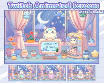 Animated Cat Twitch Screens | Arcade | Cute Screens | Animation | Kawaii | Bedroom | Gaming | Background | Twitch Banner | Bedroom | Moon