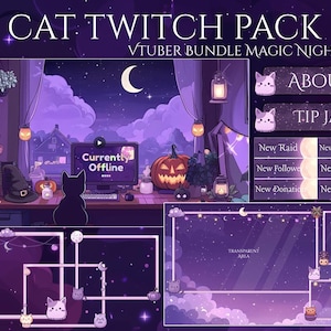 Twitch Overlay Magical Night, Twitch-Bildschirm | Animiertes Overlay Stream Paket, Katzen Twitch | Niedliches Twitch Overlay | Vtuber Pack | Sternauflage