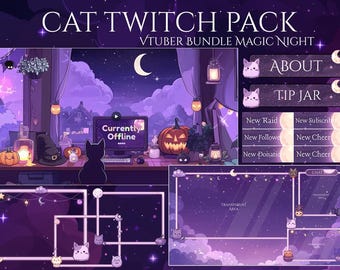 May include: A purple and black Twitch overlay pack with a cat theme. The overlay includes a 'Currently Offline' screen, a chat box, a tip jar, and a 'New Raid', 'New Follow', 'New Subscribe', and 'New Cheer' notification panels. The overlay also includes a 'About' panel and a 'Transparent Area' for a webcam.