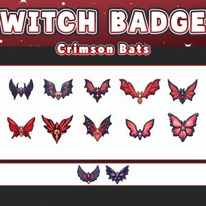 Puede incluir: Un conjunto de 10 insignias de Twitch con murciélagos carmesí con diferentes diseños. Las insignias están en un formato de cuadrícula con el texto "Twitch Badges" y "Crimson Bats" en la parte superior.