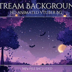 May include: A digital illustration of a night scene with a starry sky, bats, and a full moon. The image has a purple and pink color scheme, with trees and clouds in the foreground. Text at the top reads "STREAM BACKGROUND HD ANIMATED VTUBER BG".