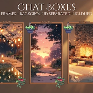 May include: Three digital art chat box frames with different background scenes: a Japanese garden, a sunset path, and a cozy fireplace. Each frame has a hanging flower pot at the top and a potted plant at the bottom. The text "CHAT BOXES" is at the top.