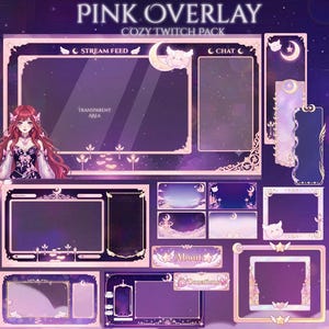 May include: A digital Twitch overlay pack titled PINK OVERLAY COZY TWITCH PACK featuring purple and pink celestial themes. Includes various frames, panels, and a character illustration with wings, moons, stars, and clouds in a soft aesthetic.