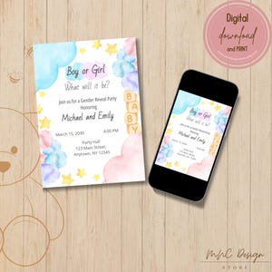 Invitación editable para revelar el género del bebé, plantilla de Canva, PDF imprimible, JPG digital, descarga instantánea, diseño de nubes rosa, azul, niño o niña.
