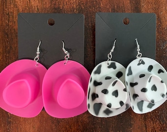 Hot Pink or Cow Print Cowboy Hat Earrings