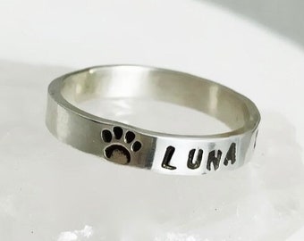 Sterling Silver Pet Loss Ring, Custom Gifts, Paw Print Ring, Pet Name Ring, Grandchildren Ring Heart