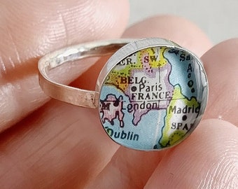 Anillo de mapa vintage de plata de ley, coordenadas personalizadas, joyería de viaje