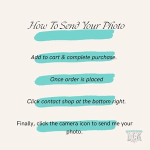May include: An instructional graphic with the heading How To Send Your Photo in black text. It features four steps with turquoise brush stroke highlights: Add to cart & complete purchase, Once order is placed, Click contact shop at the bottom right, and Finally, click the camera icon to send me your photo. A small logo is in the corner.