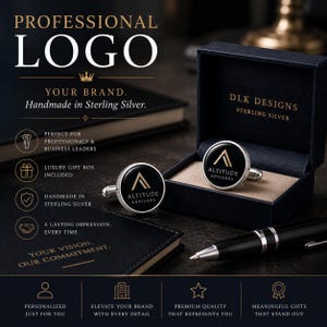 May include: A pair of round sterling silver cufflinks featuring a black circular inlay with the gold-colored Altitude Advisors logo. The cufflinks are presented in a dark blue branded gift box with the text DLK DESIGNS STERLING SILVER.