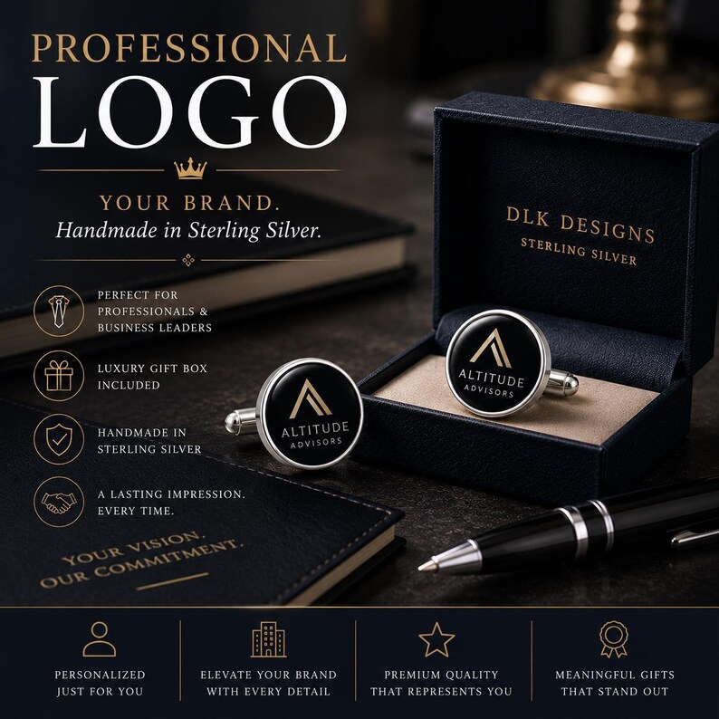 May include: A pair of round sterling silver cufflinks featuring a black circular inlay with the gold-colored Altitude Advisors logo. The cufflinks are presented in a dark blue branded gift box with the text DLK DESIGNS STERLING SILVER.